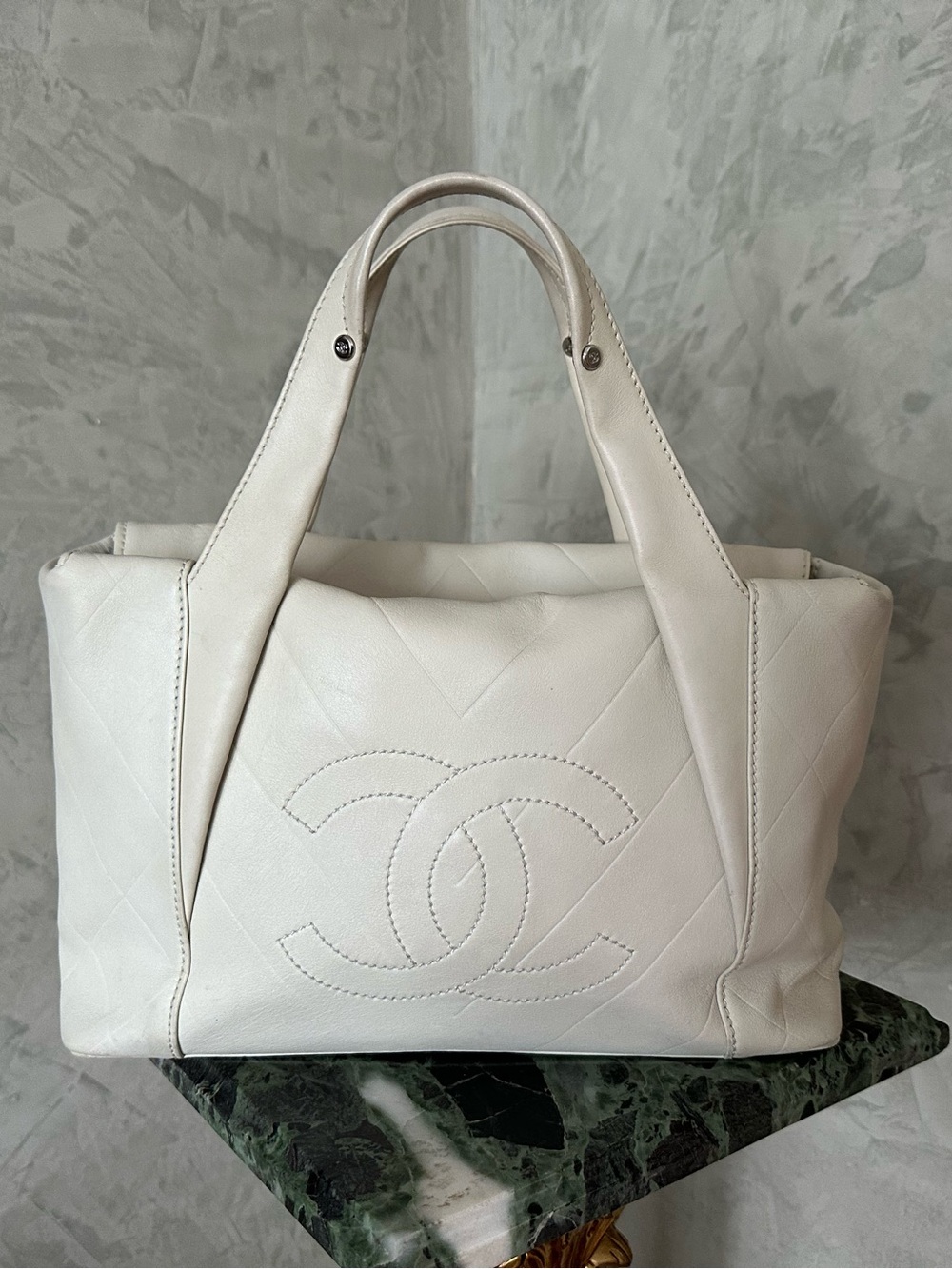 CHANEL Cream Quilted Leather Double C Tote